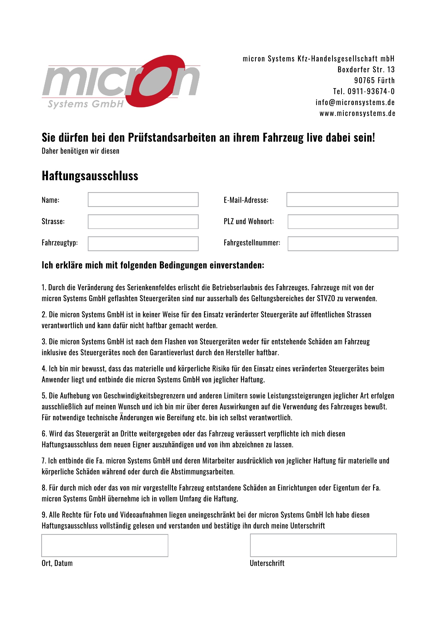 Haftungsausschluss für Prüfstandsarbeiten