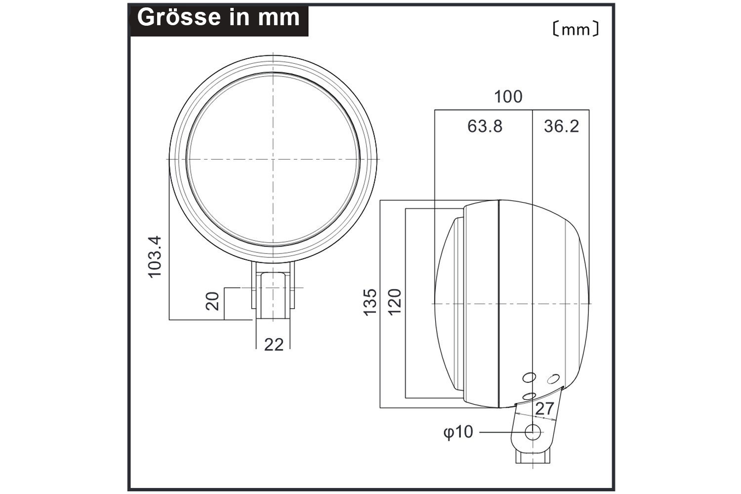Masse des LED Scheinwerfer mit rundem Tagfahrlicht mit 120 mm Durchmesser und e-Prüfzeichen, Befestigung unten
